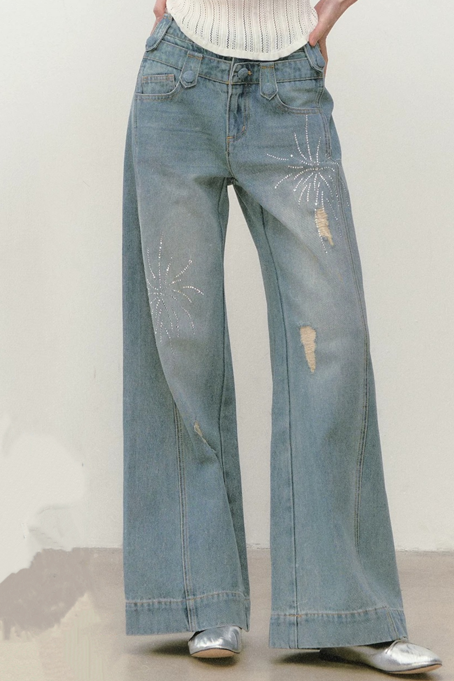 Rhinestone Double Waist Loose Straight Jeans