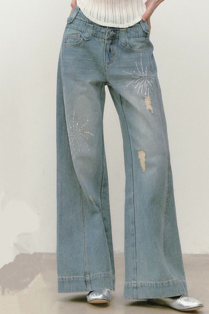 Rhinestone Double Waist Loose Straight Jeans