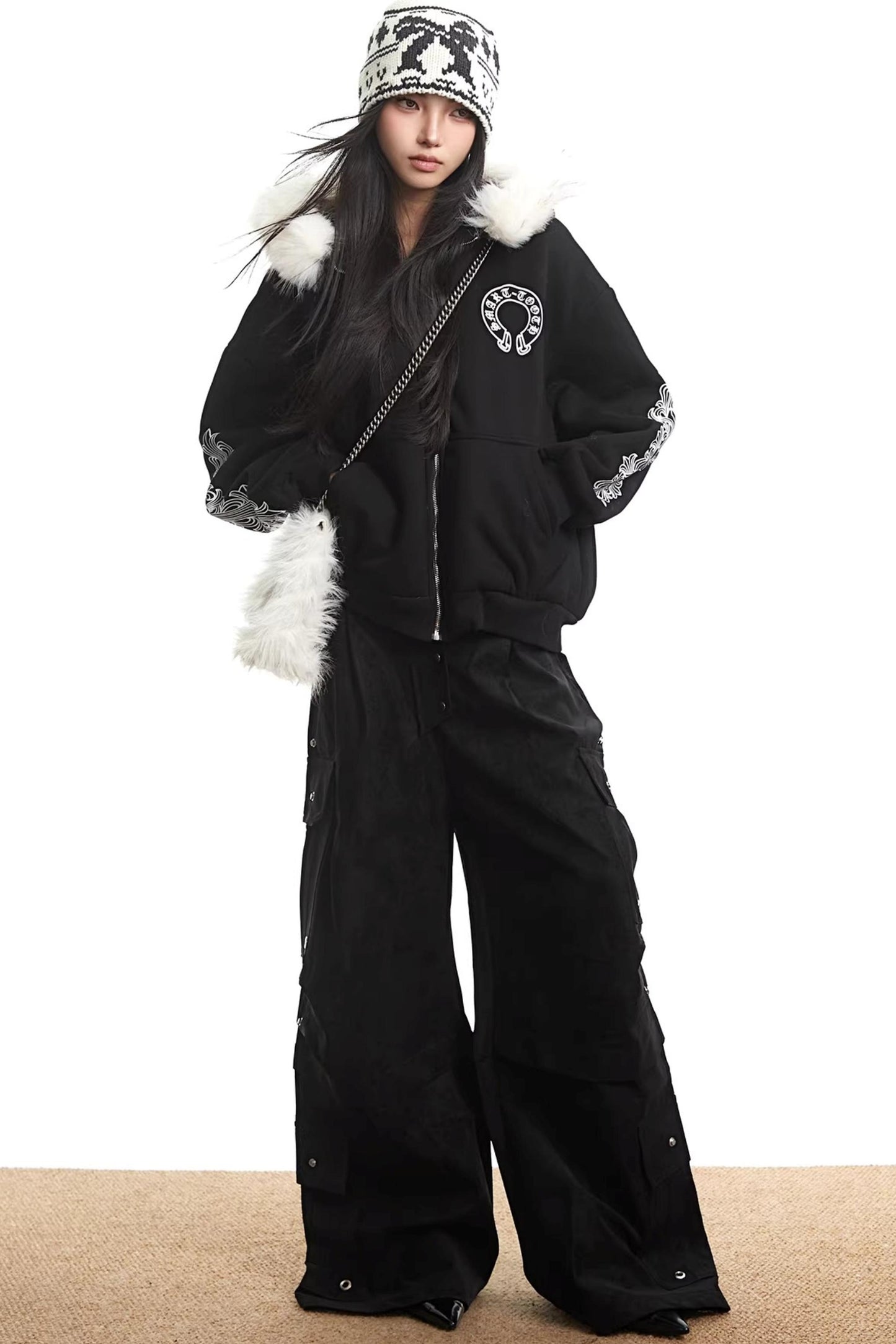 Printed Fur Collar Hooded Jacket