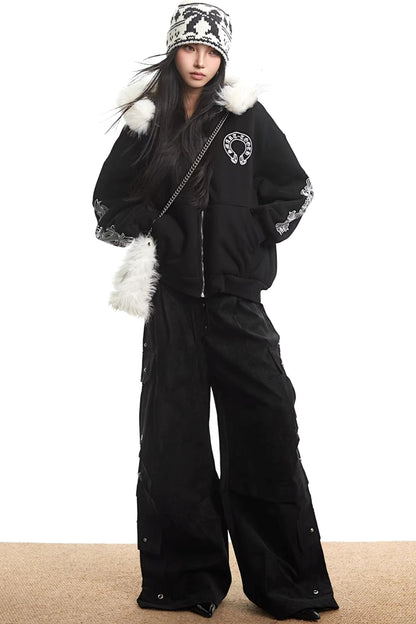 Printed Fur Collar Hooded Jacket