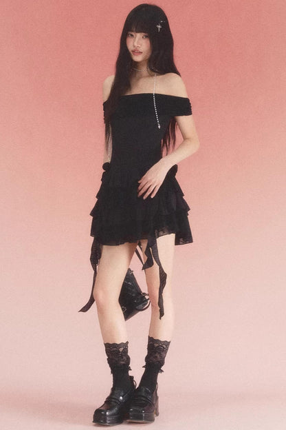 Lace Jacquard One-Shoulder Dress