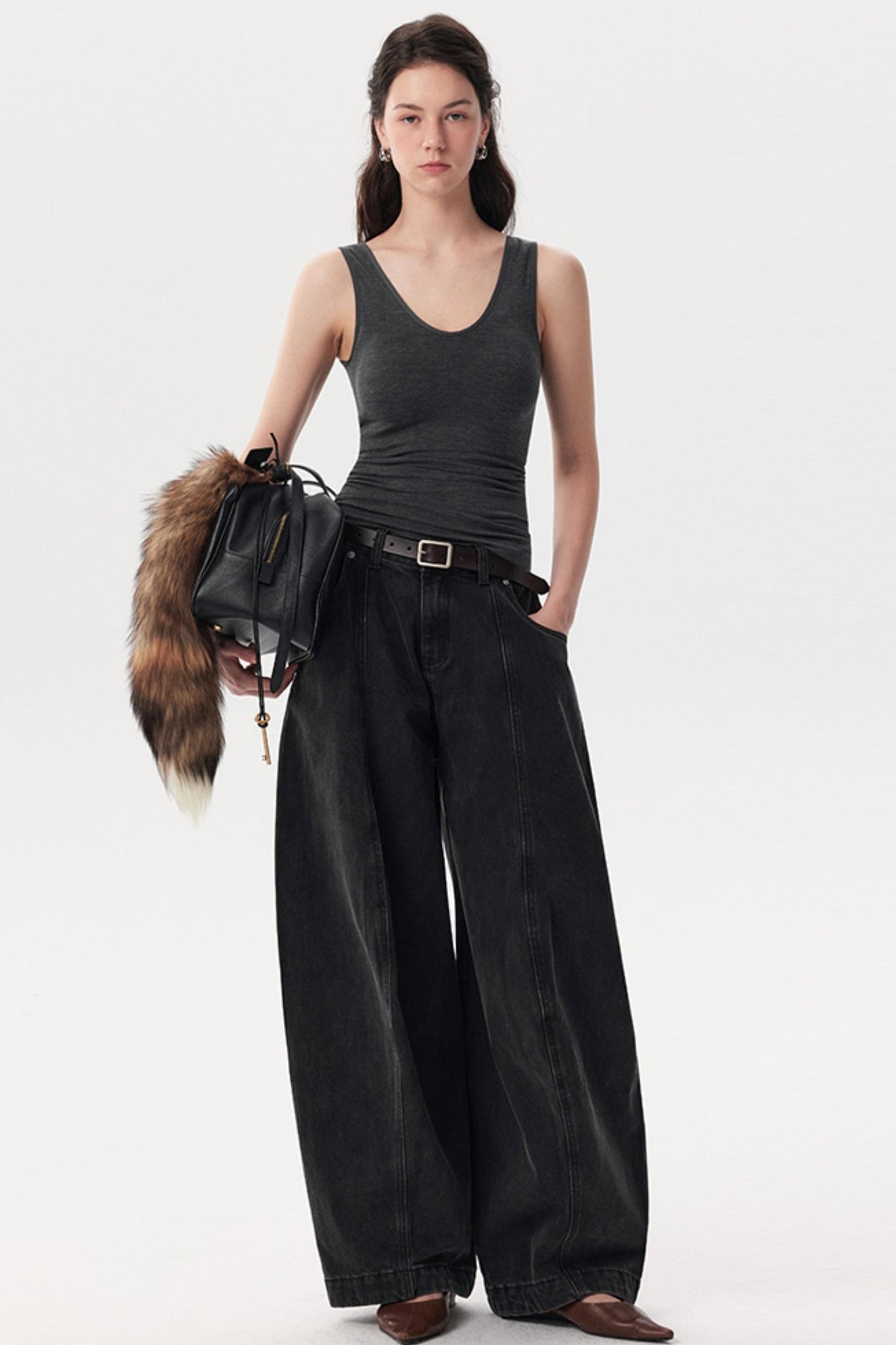 Black Pinch Wide-Leg Jeans Pants