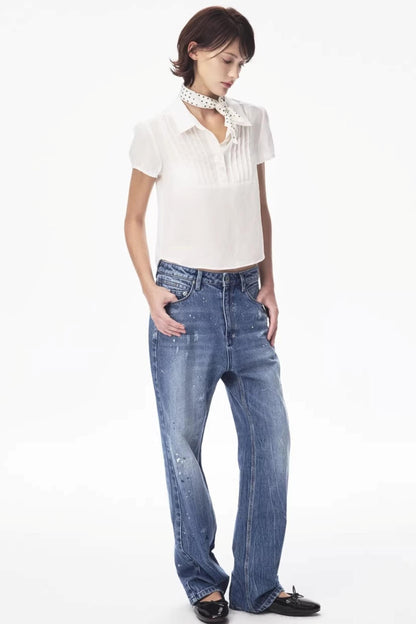 Ramie-Blend Pleated Puff Blouse