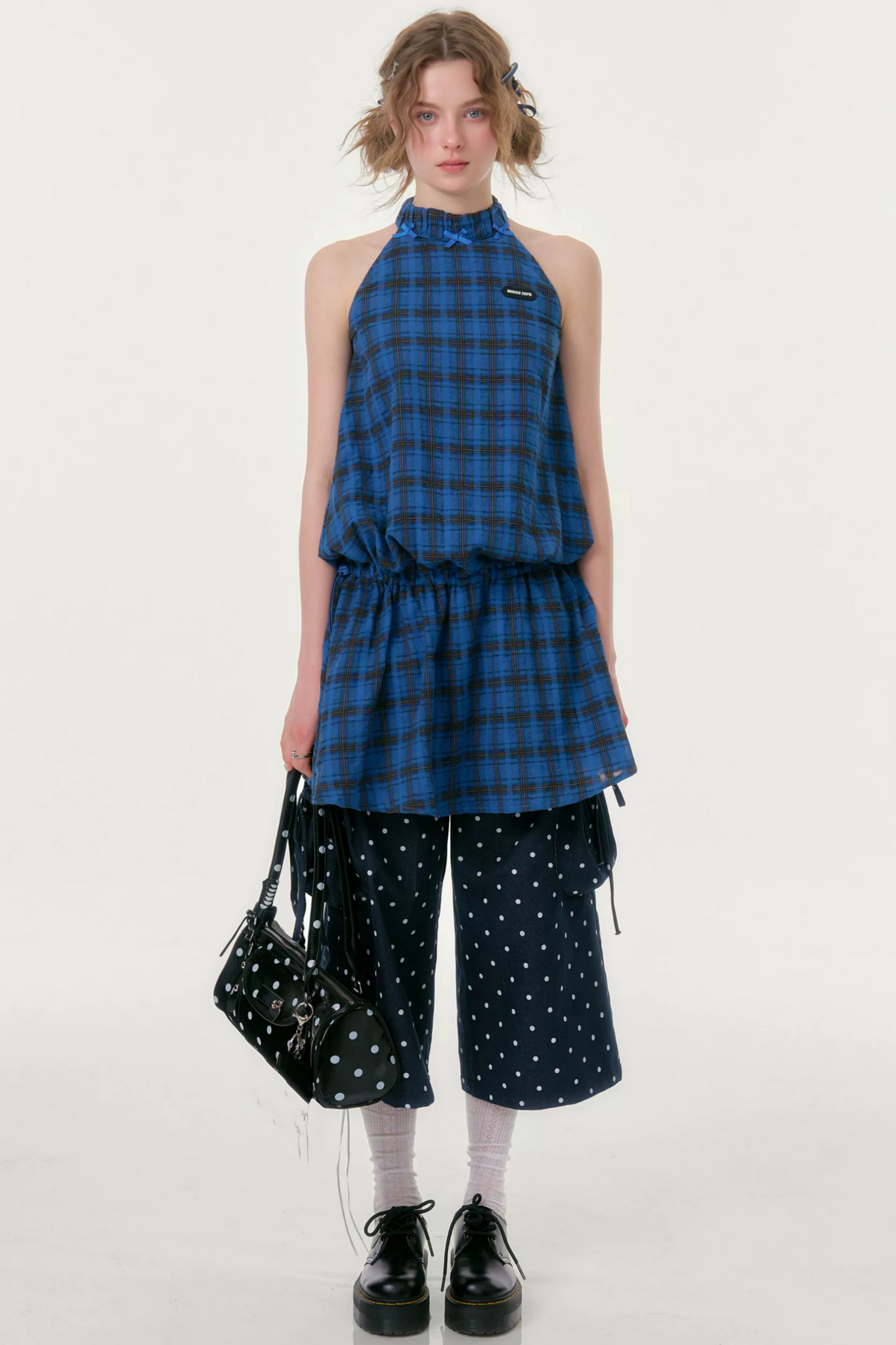 Dark Blue Polka Dot Wide-Leg Pants