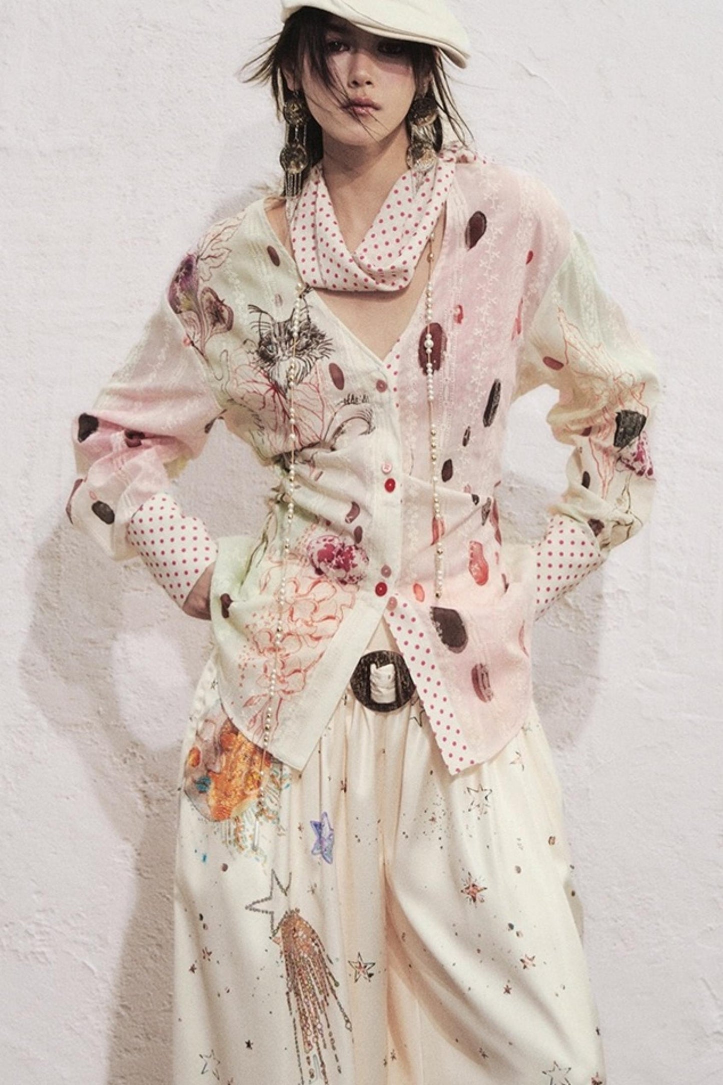 Watercolor Cat Polka Dot Lace-Up Shirt