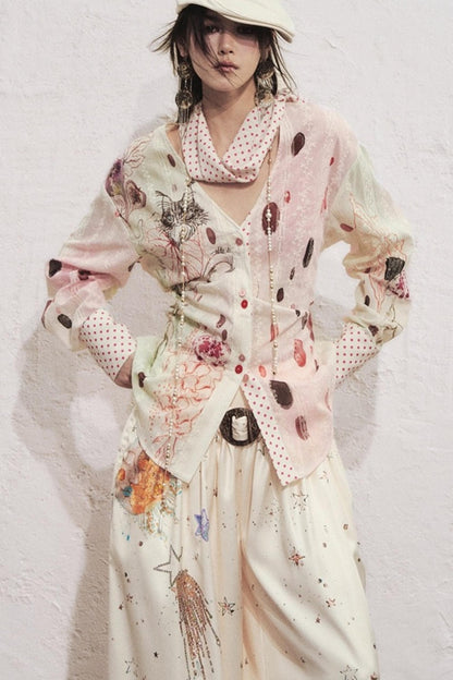 Watercolor Cat Polka Dot Lace-Up Shirt