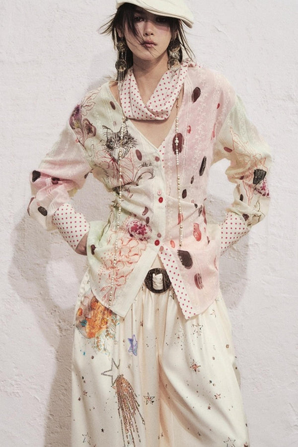 Watercolor Cat Polka Dot Lace-Up Shirt