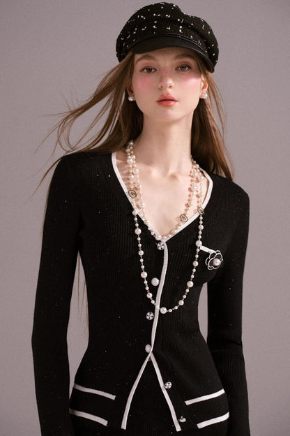 Hot Girl Contrast Knit Cardigan Suit Set-Up