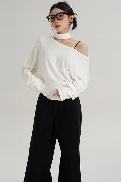 Halterneck Slanted Shoulder Long Sleeve Top