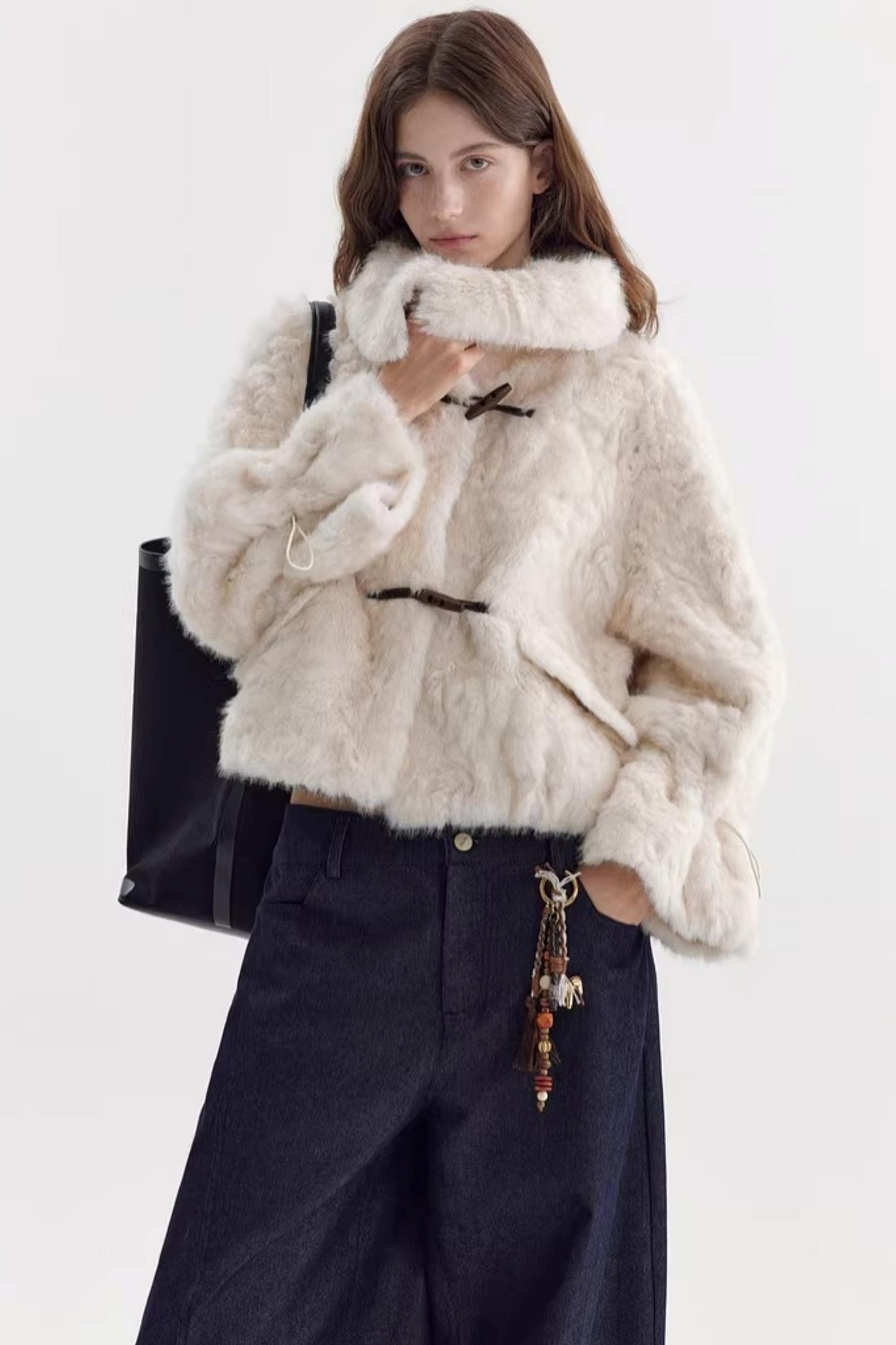 Imitation Horn Button Faux Fur Jacket
