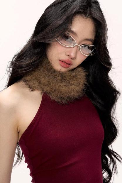 Color-Blocked Fur Collar Vest