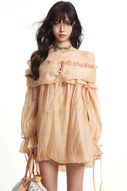 Mesh Ruffled Long Sleeve Dress