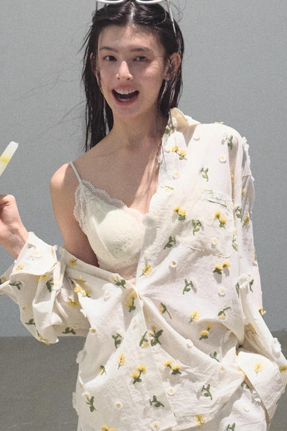 Flowers Cotton Embroidered Casual Shirt Set-Up