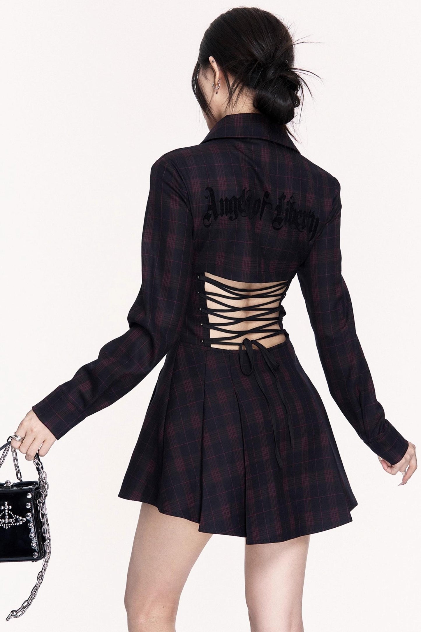 Dark Check Waist Slimming Long Sleeve Dress