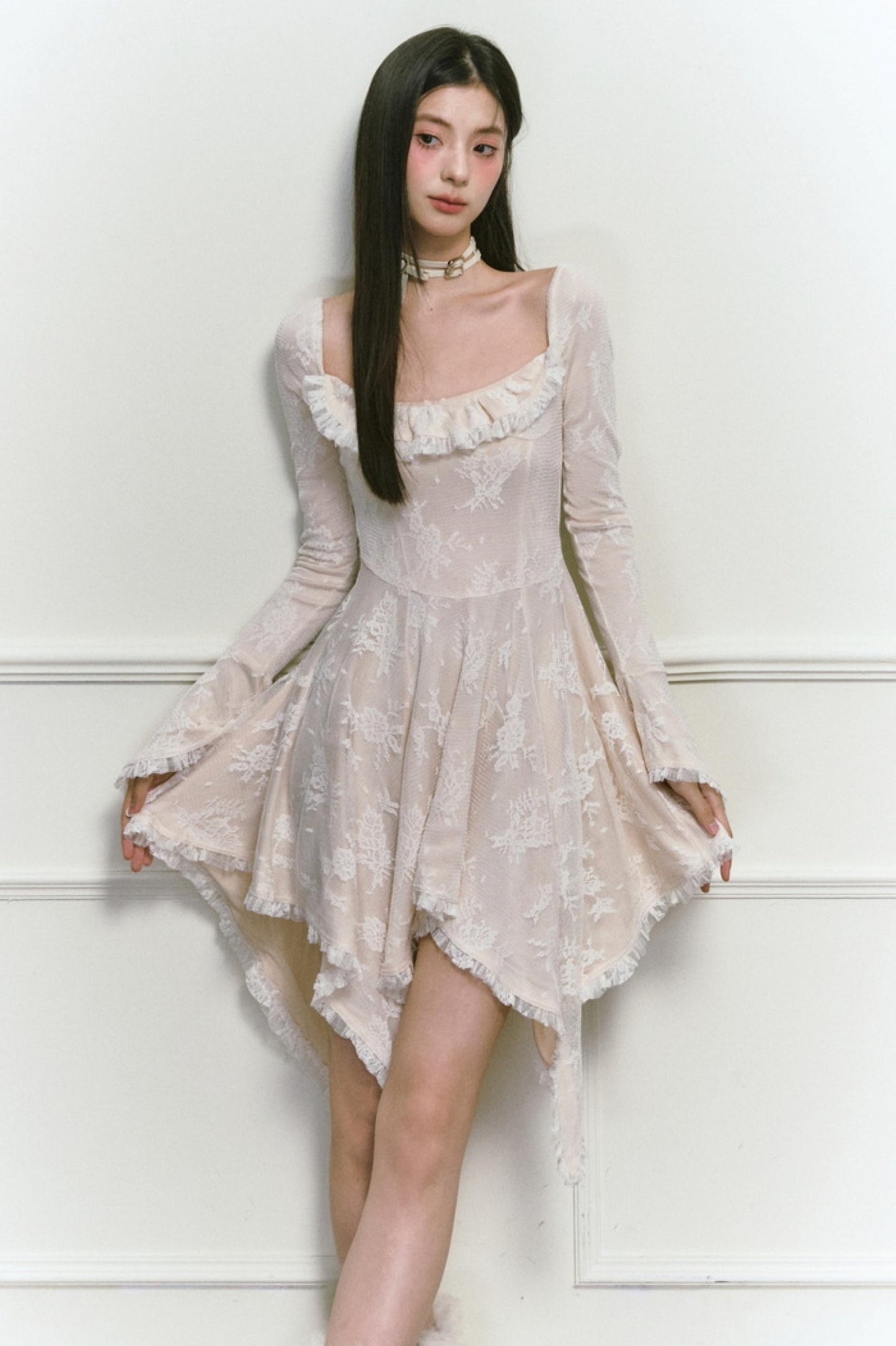 Square Neck Asymmetric Long Sleeve Dress