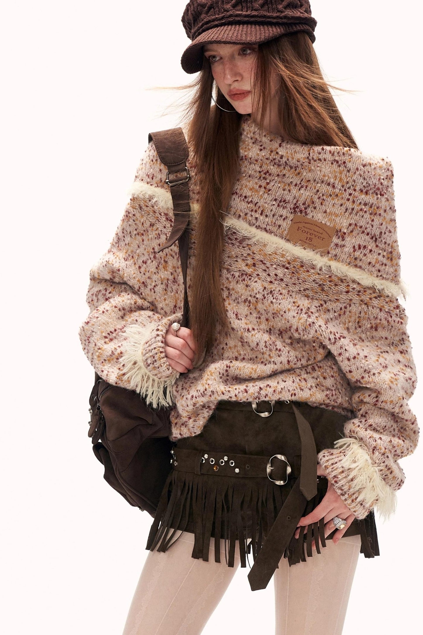 Mixed Yarn Slanted Shoulder Sweater