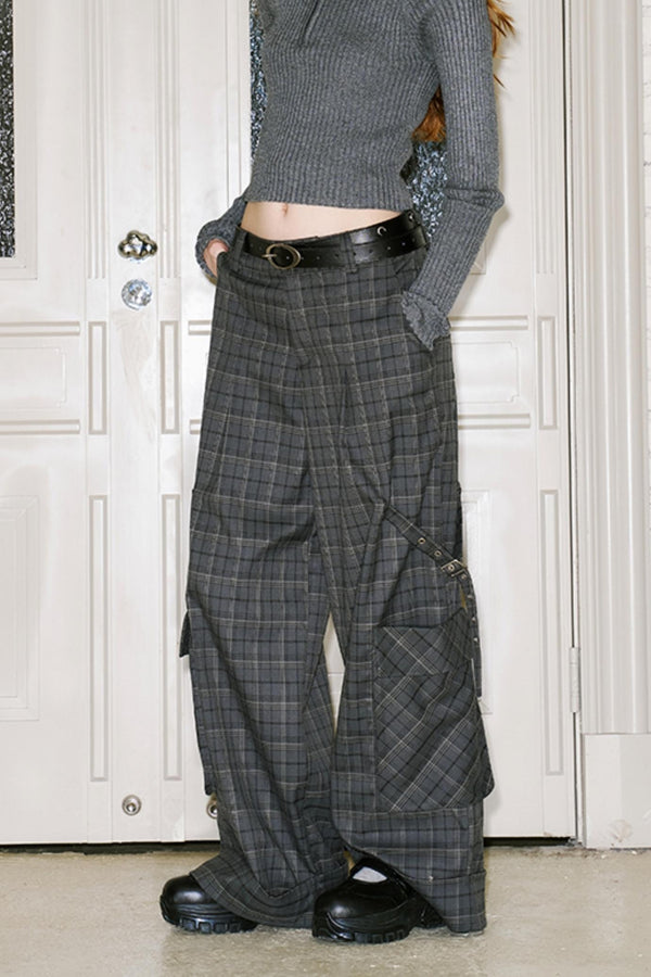 Retro  Straight-Leg Loose Fit Check Cargo Pants