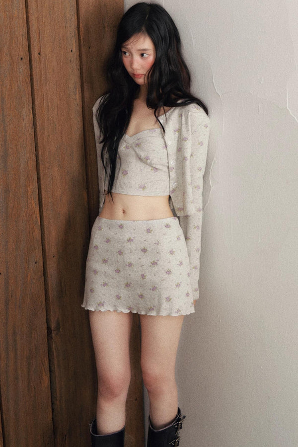 Floral Knit Cardigan Suit Set-Up