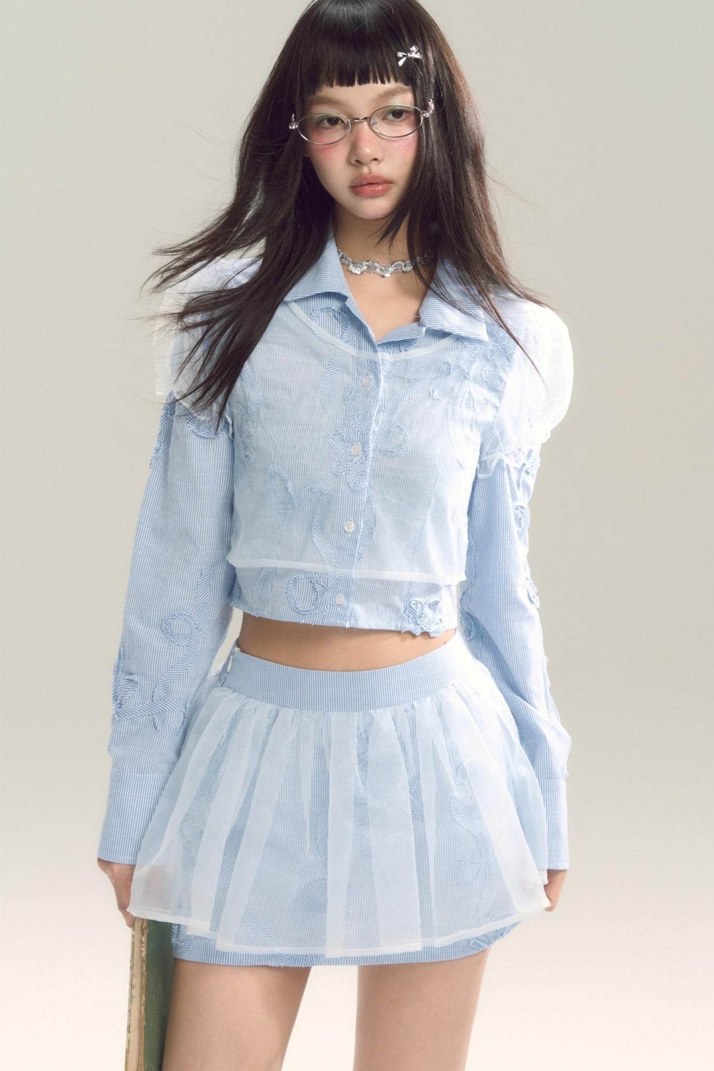 Organza Stripe Skirt Shirt Set-Up