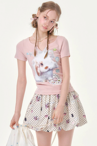 Fuzzy Pink Rabbit Print T-Shirt