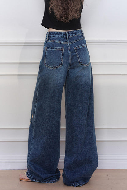 Blue Star Embroidered Wide-Leg Jeans