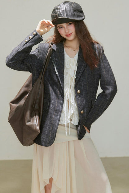 Autumn Wool Blend Plaid Blazer