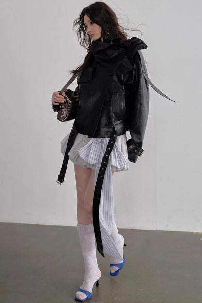 Three-Dimensional Ruffled Faux Leather Jacket