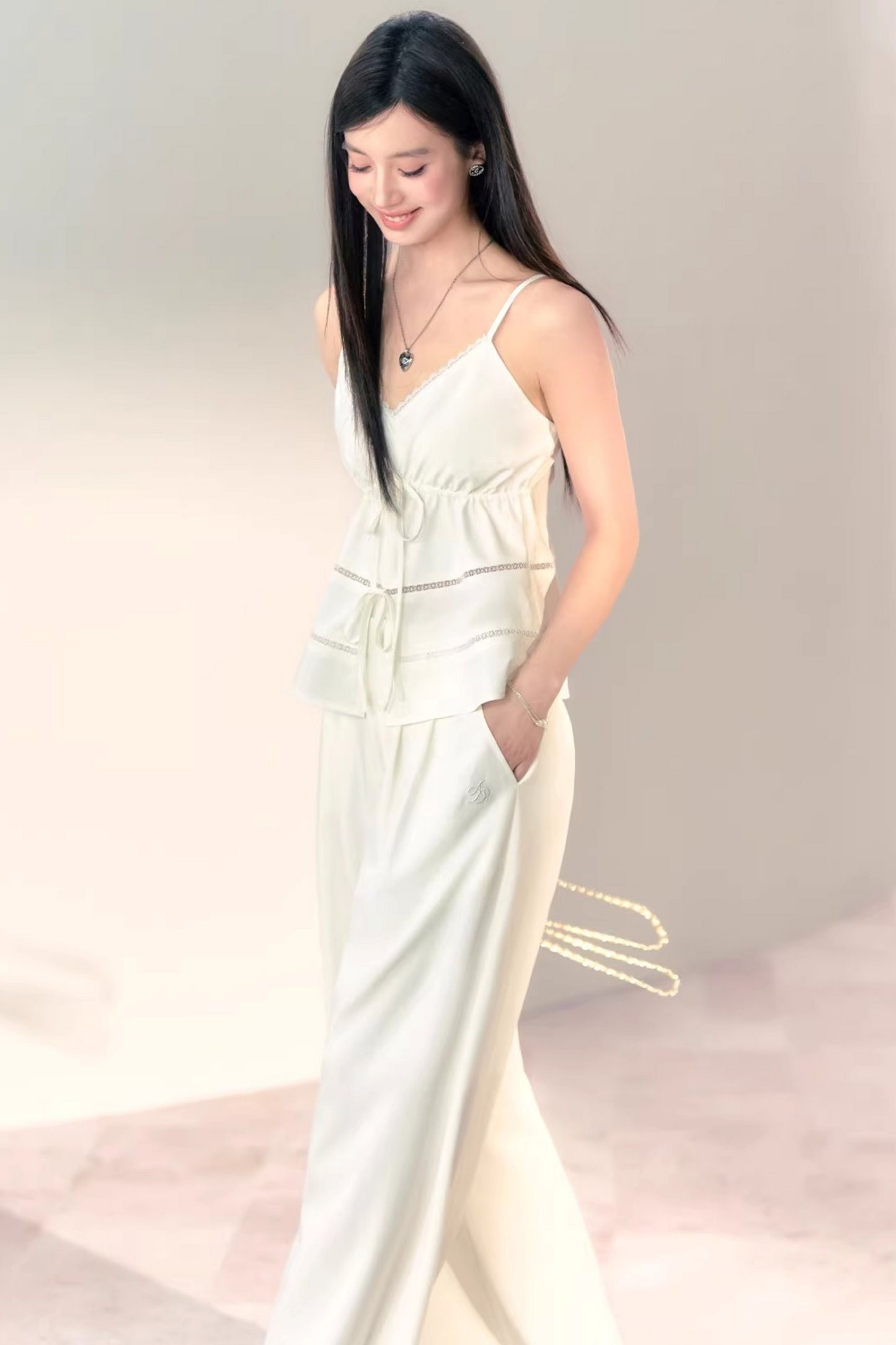 Bamboo Texture Suspender Pants Set-Up