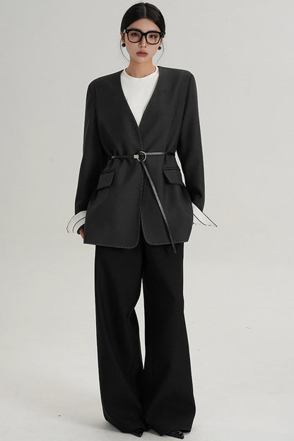 High-End Belted Long Sleeve Blazer