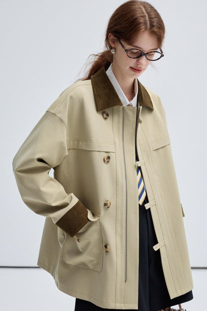 VEGA CHANG Kurzer Trenchcoat Damen Herbst 2024 Neue kontrastierende Cordkragen Kleiner Mann Freizeitjacke