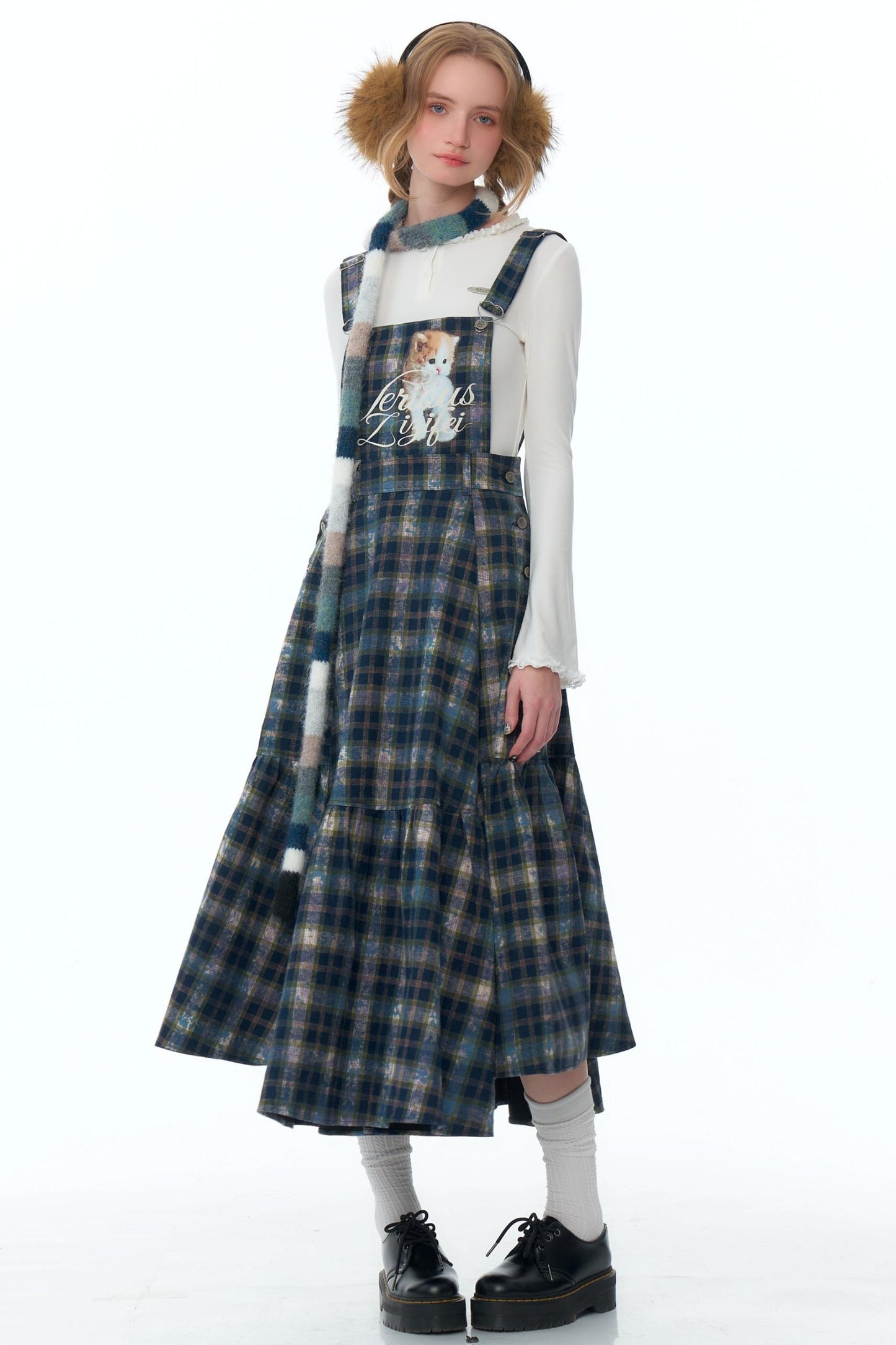 Slim Fit Cat Design Plaid Dress