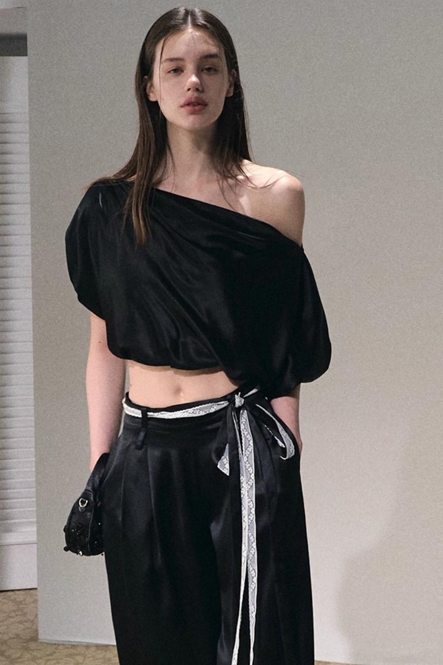 Acetate Bud Slanted Shoulder Top & Pants Set-Up