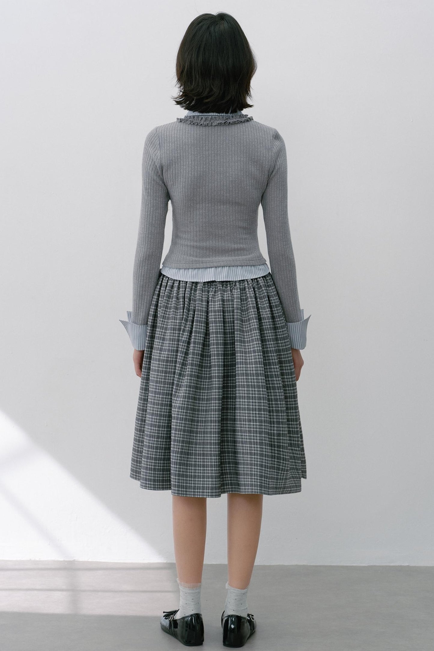 Gray Knit Patchwork Vertical Striped Fungus Edge Top