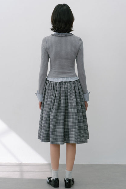 Gray Knit Patchwork Vertical Striped Fungus Edge Top