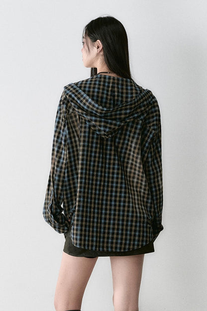 Washed Distressed Plaid Hooded Shirt