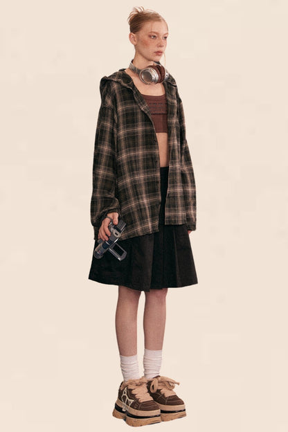 EZEK American Vintage Plaid Hooded Shirt Women's Fall/Winter 2024 New Loose Slouchy Shirt Jacket