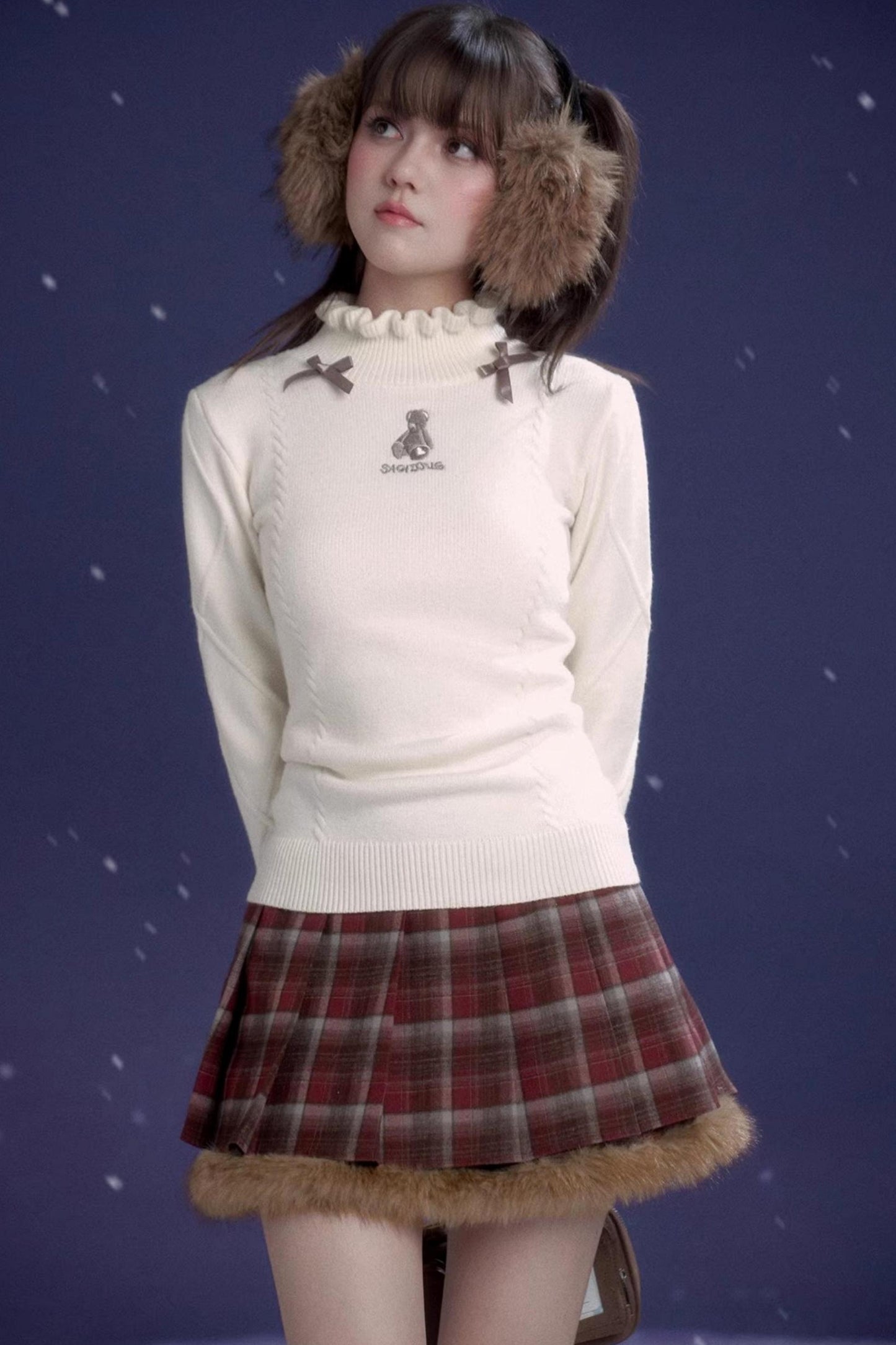 Red-Brown Plaid Skirt Coat Set-Up