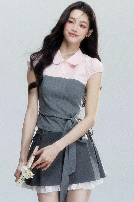 Pink Patchwork Tie-Up Blouse Set-Up