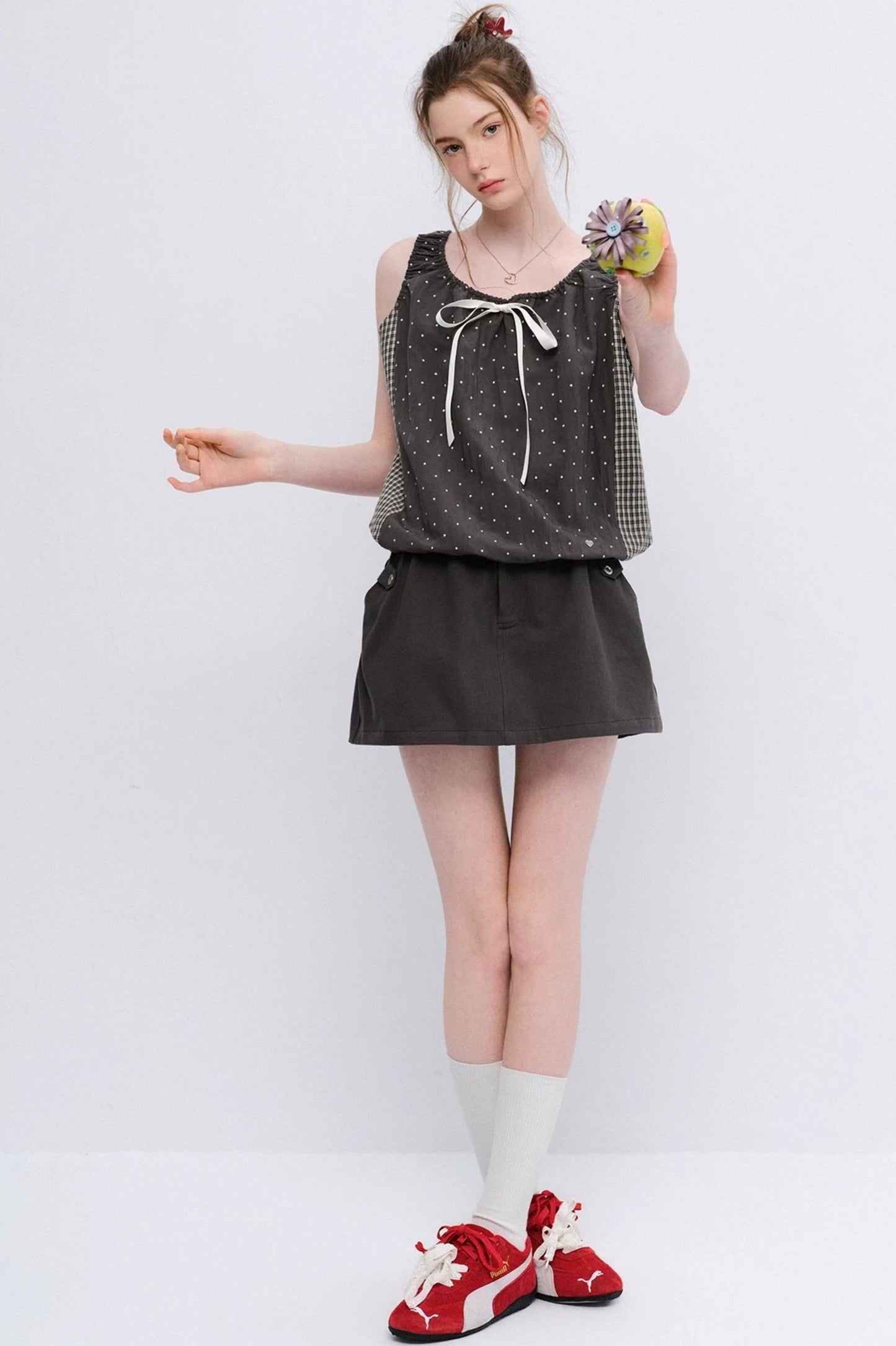 Gray Polka Dot Plaid Patchwork Vest
