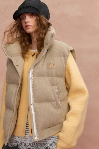 Lace Patchwork Stand Collar Puffer Vest