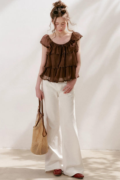 Square-Neck Chiffon Ruffle Blouse