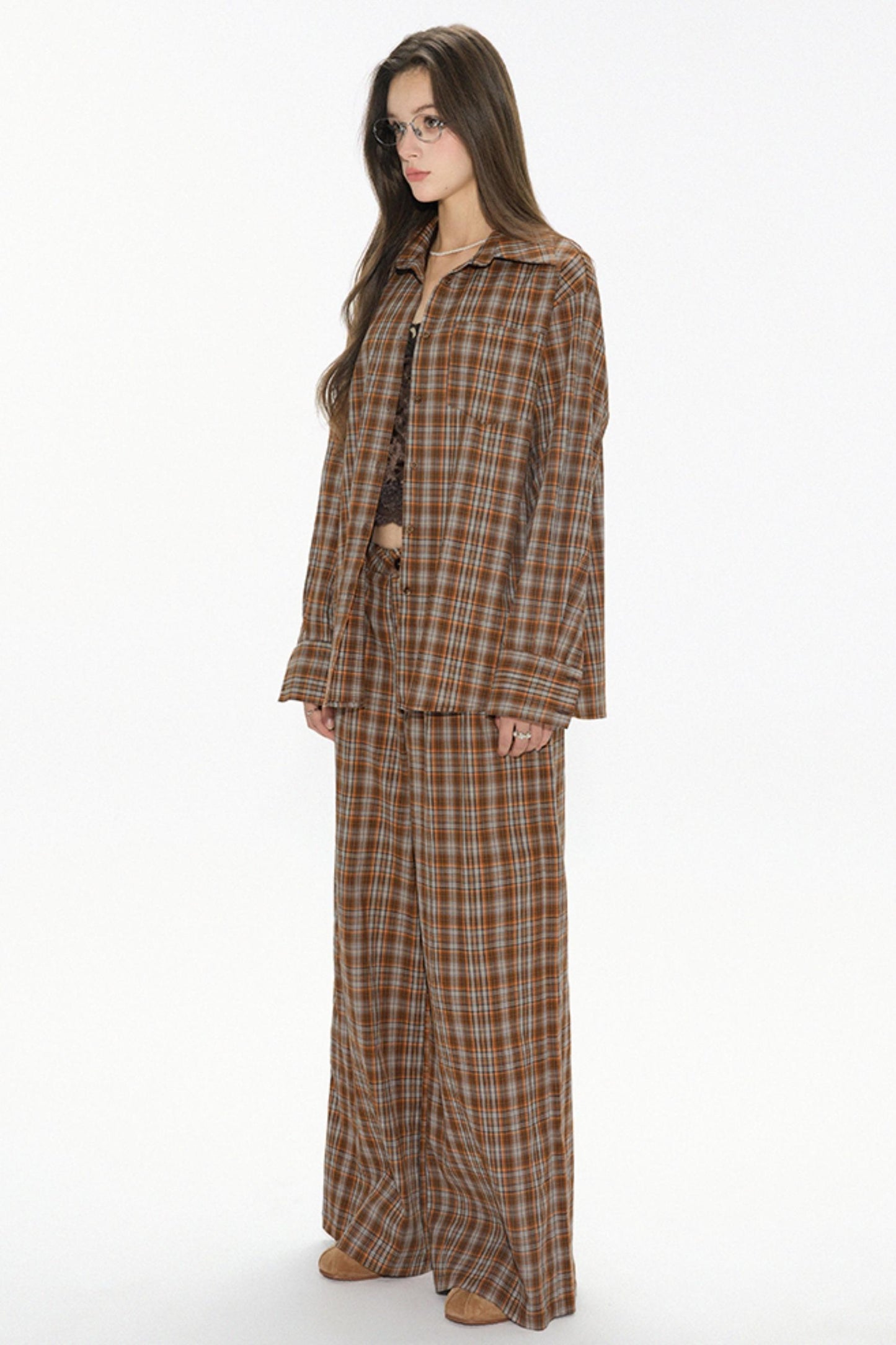 Brown Check Wide Leg Trousers Jacket Set-Up