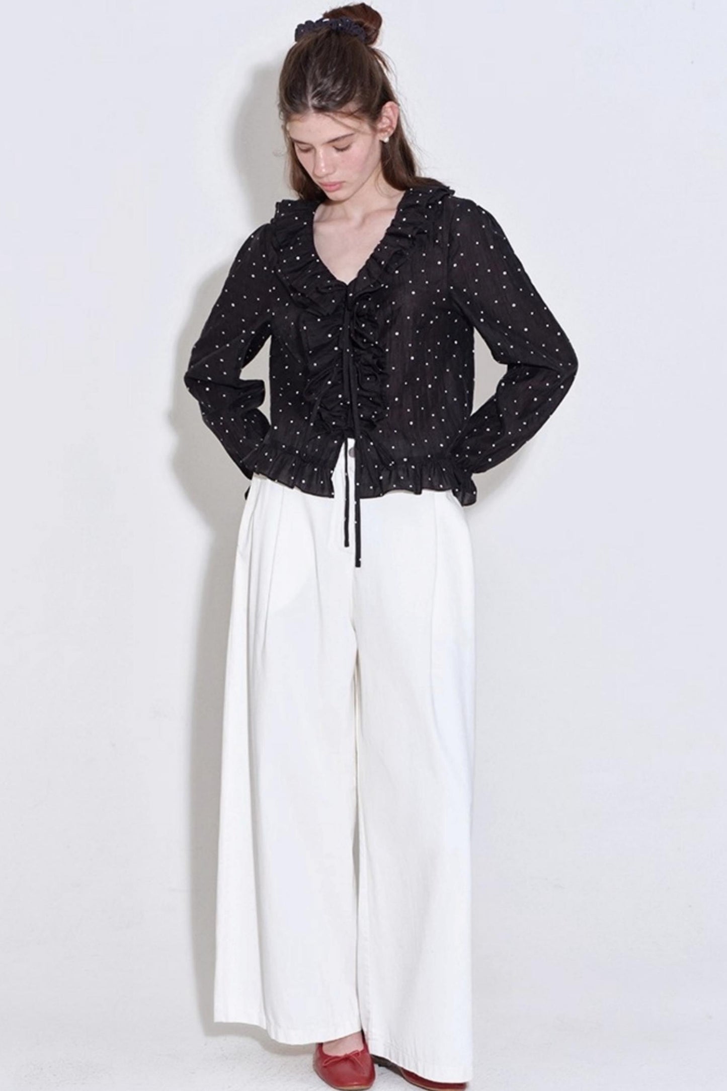 Romantic Ruffled Polka Dot V-Neck Blouse