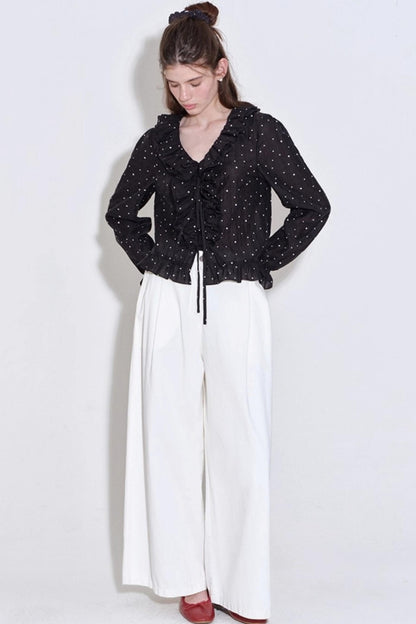Romantic Ruffled Polka Dot V-Neck Blouse