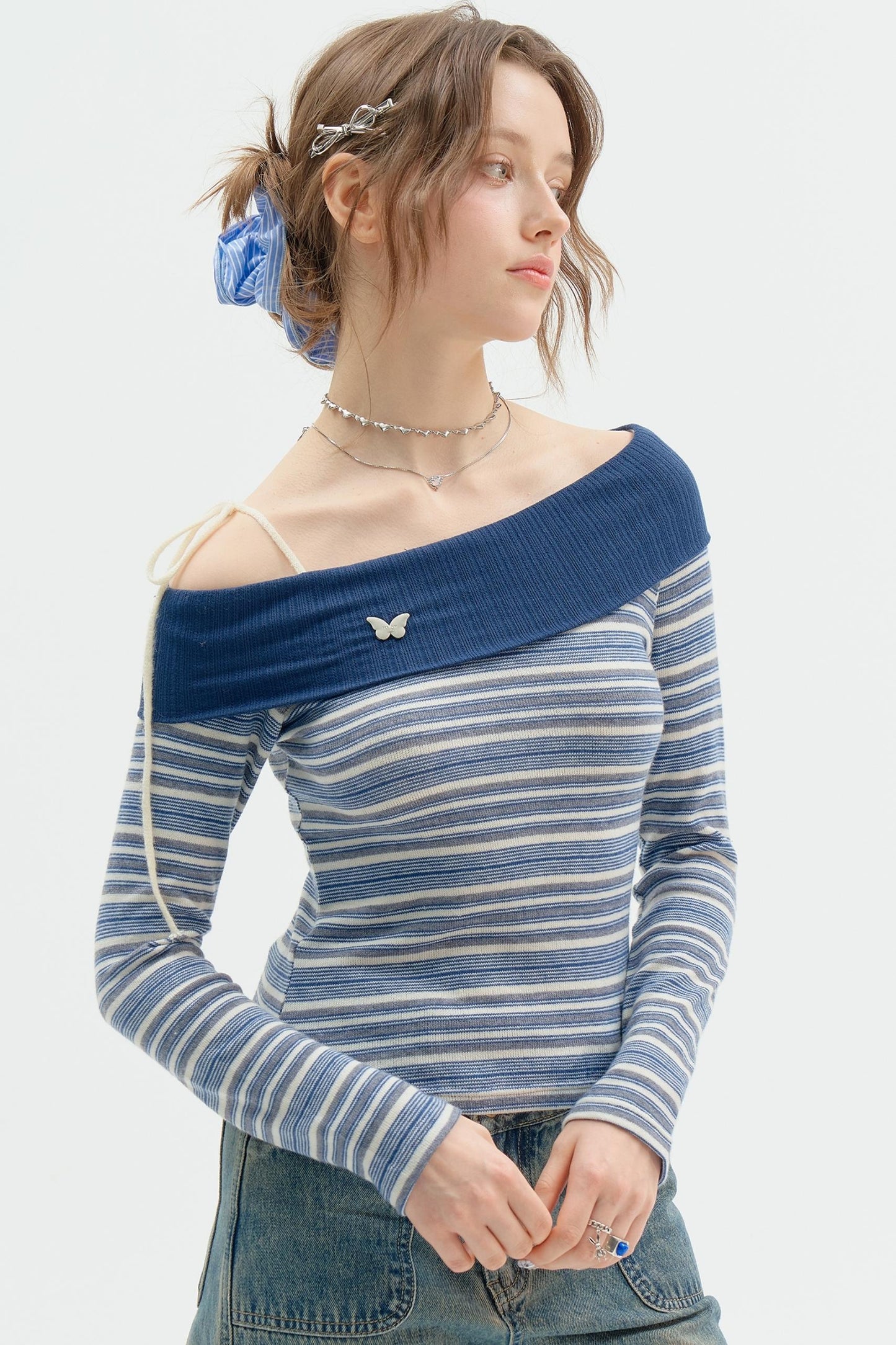 Dark Blue Stripe One-Shoulder Shirt