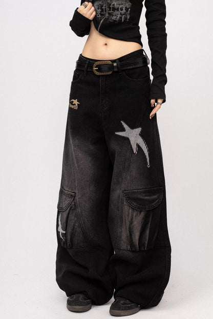 Vintage Distressed Star Embroidered Wide-Leg Cargo Pants