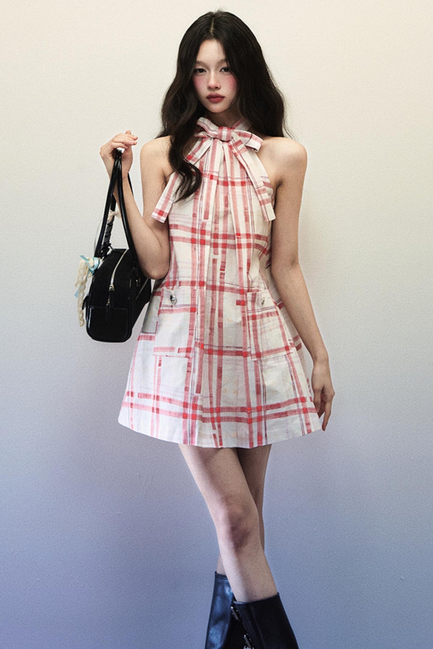 Plaid Bow Sleeveless Mini Dress