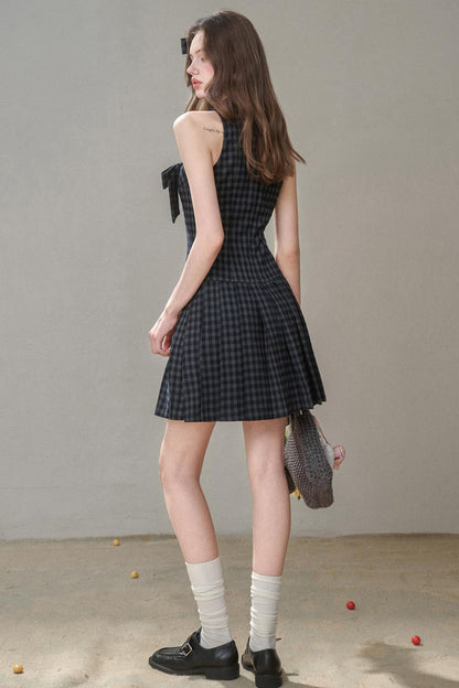 Elegant Bow Halterneck Check Pleated Dress