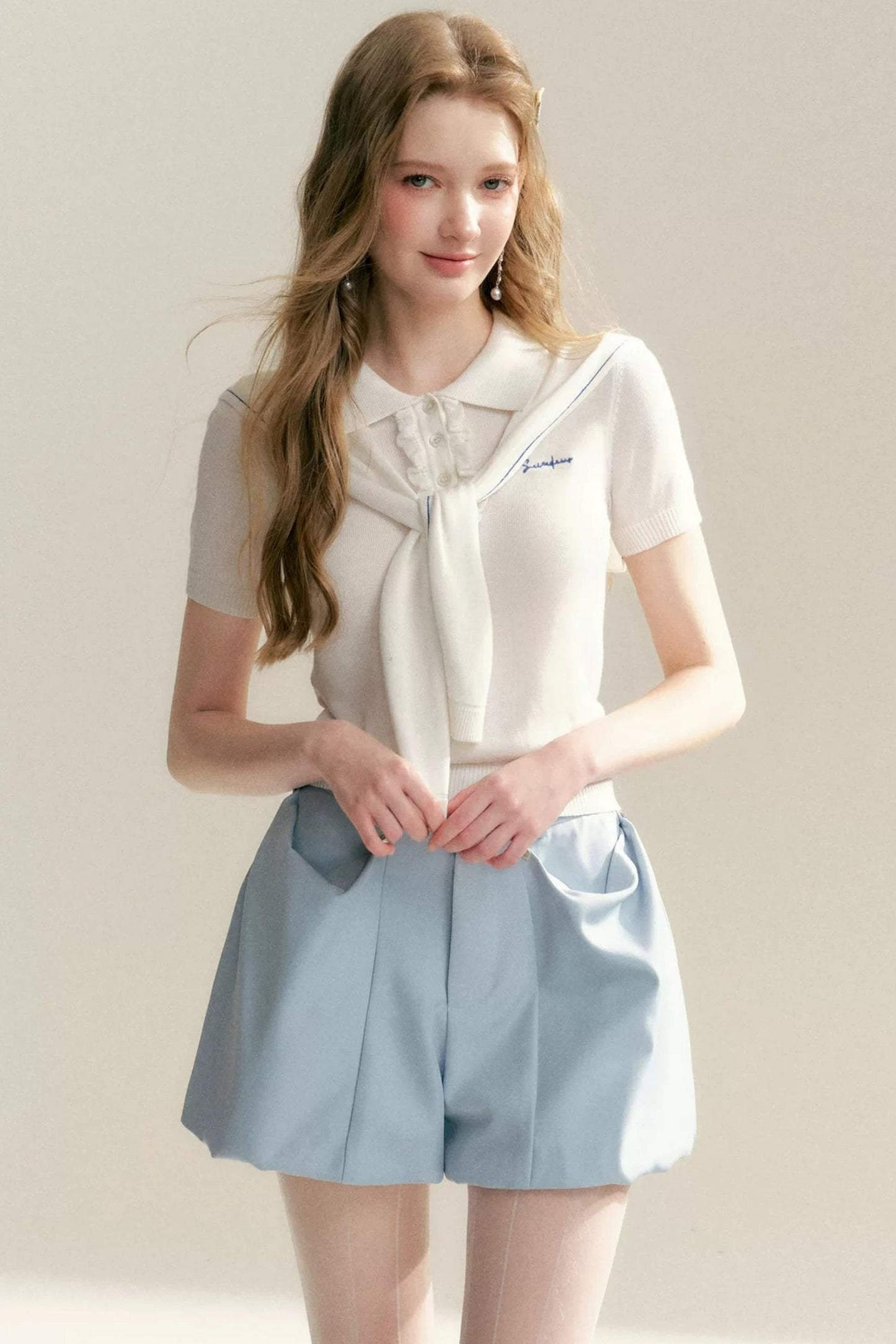 네이비 러플 니트 탑 세트업