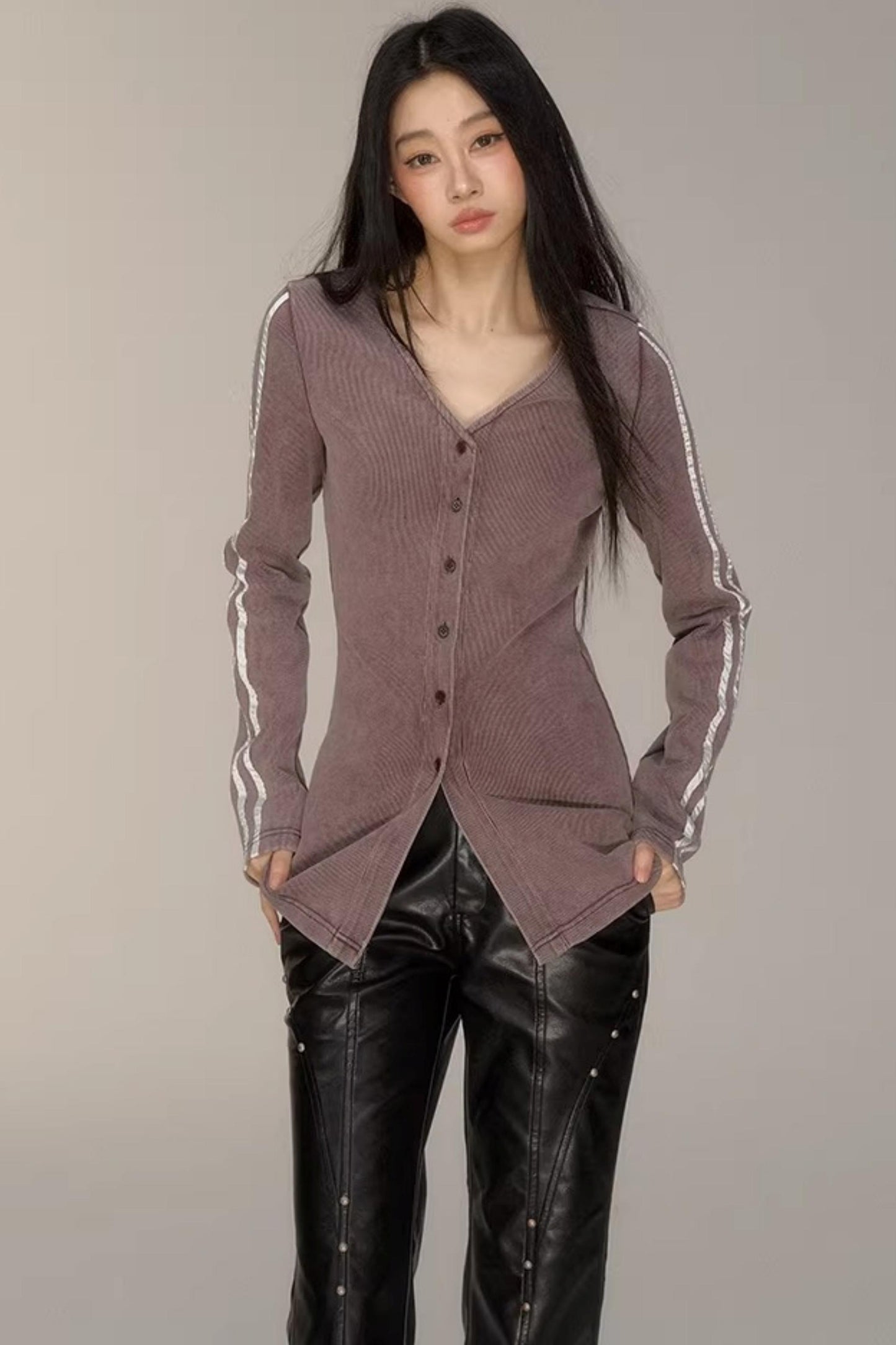 V-Neck Pinstripe Mid-Length Coat Set-Up